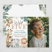ワイルドファイブサファリ動物の男の子の誕生日パーティーの写真 招待状 (正面/裏面)