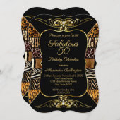 ワイルドファブラス50バースデーパーティーブラック金ゴールド動物 招待状 (正面/裏面)