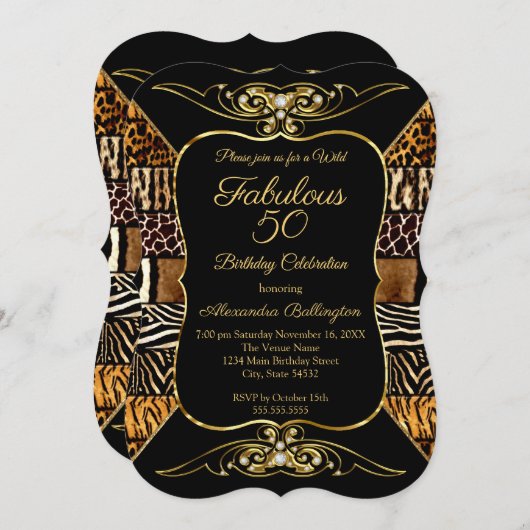 ワイルドファブラス50バースデーパーティーブラック金ゴールド動物 招待状 (正面/裏面)