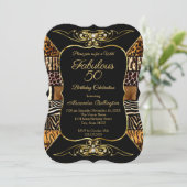 ワイルドファブラス50バースデーパーティーブラック金ゴールド動物 招待状 (スタンド正面)