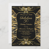 ワイルドファブラス50誕生日パーティブラック金ゴールドタイガー 招待状 (正面)