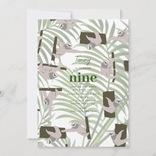 ワイルドフォレストの誕生日パーティーでかわいいナマケモノ 招待状 (正面)