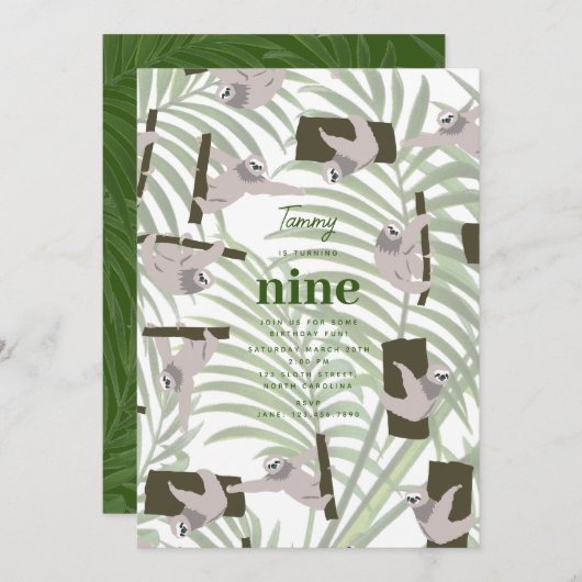 ワイルドフォレストの誕生日パーティーでかわいいナマケモノ 招待状 (正面/裏面)