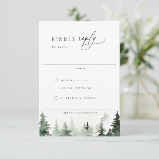 ワイルドフォレストパインツリーウェディングRSVPカード 出欠カード (スタンド正面)