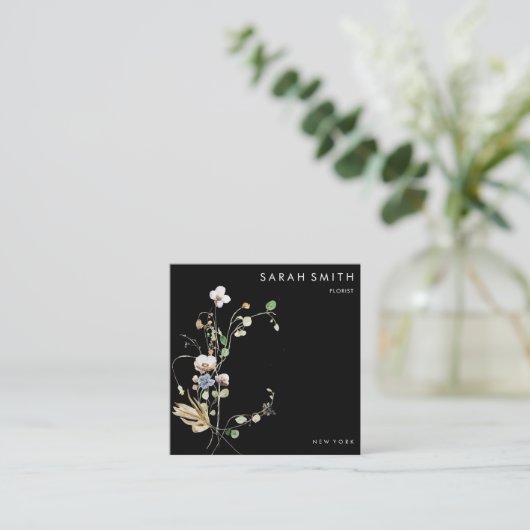 ワイルドフォレストフローラミニマル白黒QRコード スクエア名刺 (スタンド正面)