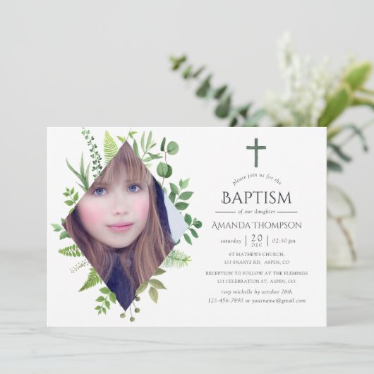 ワイルドフォレスト緑のバプテスマまたは《キリスト教》洗礼式や命名式 招待状 (スタンド正面)
