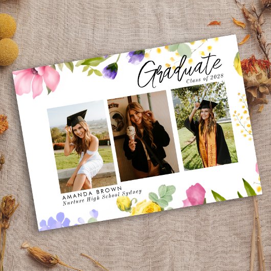 ワイルドフラワはっきりしたー3枚の写真卒業2025 招待状