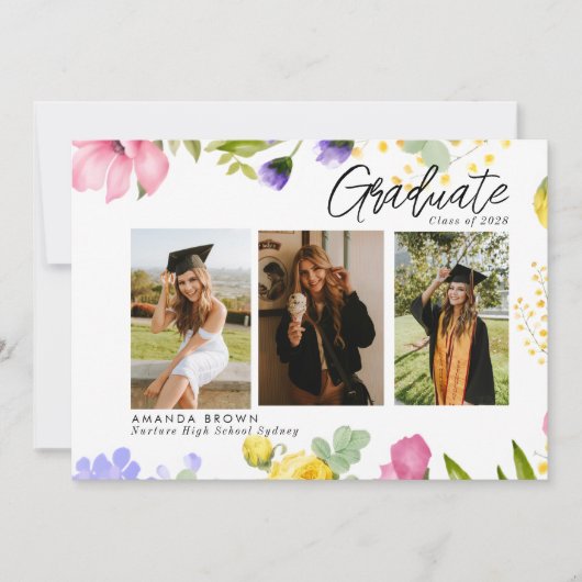 ワイルドフラワはっきりしたー3枚の写真卒業2025 招待状 (正面)