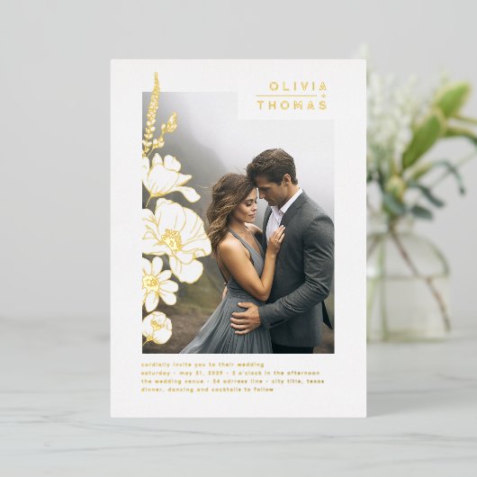 ワイルドフラワエレガントーのロマ結婚ティックな写真 箔招待状 (立ち正面)