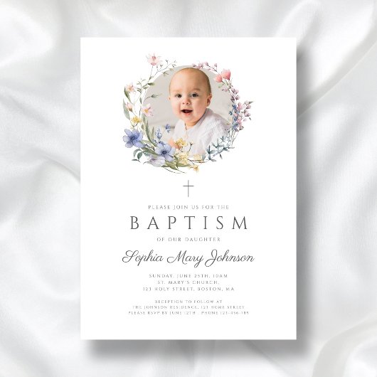 ワイルドフラワエレガントーリース写真バプテスマ 招待状