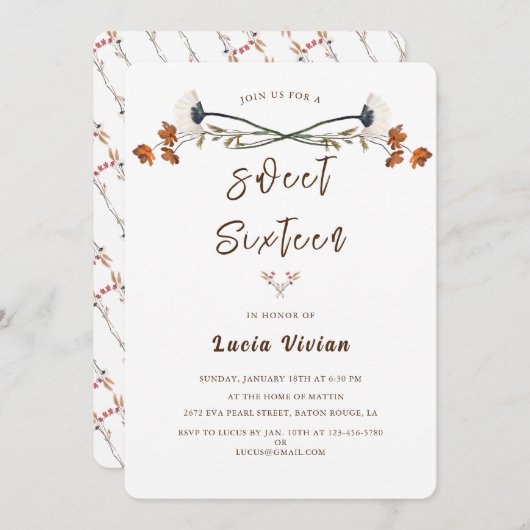 ワイルドフラワエレガントー王室のスウィート16誕生日パーティー 招待状 (正面/裏面)