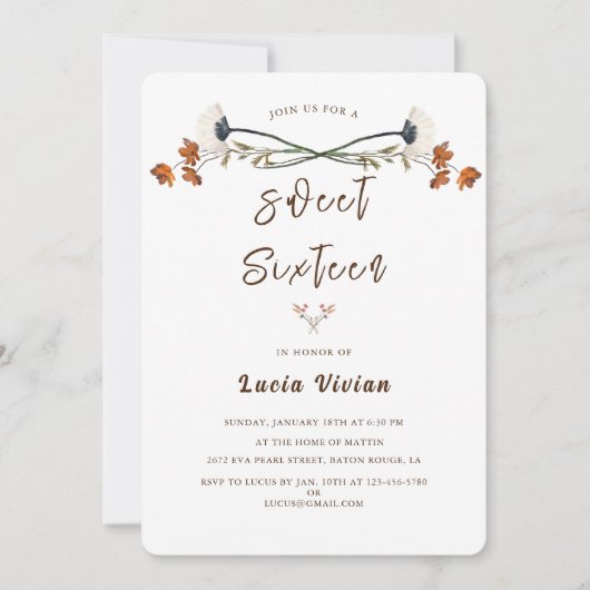 ワイルドフラワエレガントー王室のスウィート16誕生日パーティー 招待状 (正面)