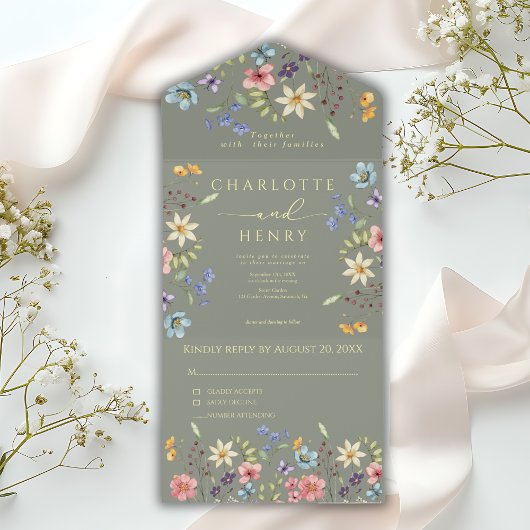 ワイルドフラワシンプルーズガーデンセージ結婚イエロー オールインワン招待状