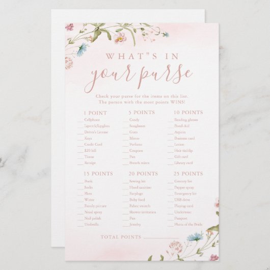 ワイルドフラワーあなたの財布のブライダルシャワーゲーム (正面/裏面)