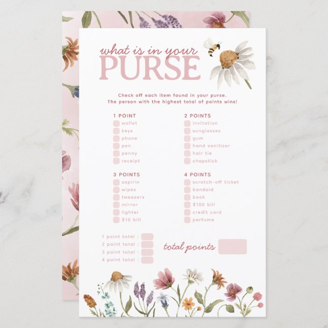 ワイルドフラワーあなたの財布の赤ちゃんシャワーゲームに何が (正面/裏面)