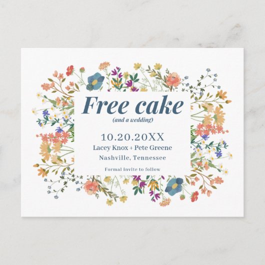 ワイルドフラワーおもしろいフリーケーキ結婚式の日付を保存 案内ポストカード (正面)