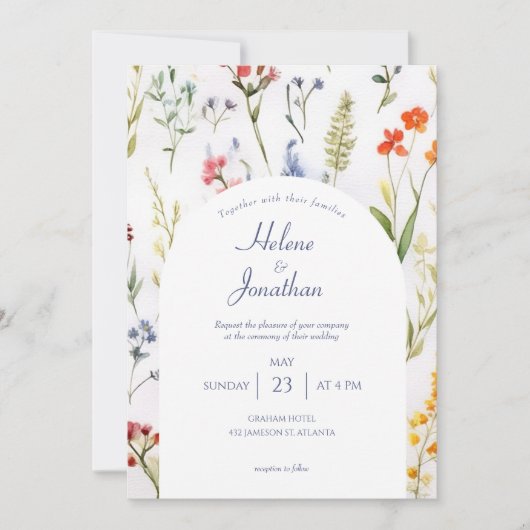 ワイルドフラワーお洒落の水色エレガントな結婚式 招待状 (正面)