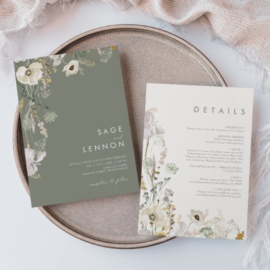 ワイルドフラワーお洒落の牧草地のセージ緑すべて1つ 招待状