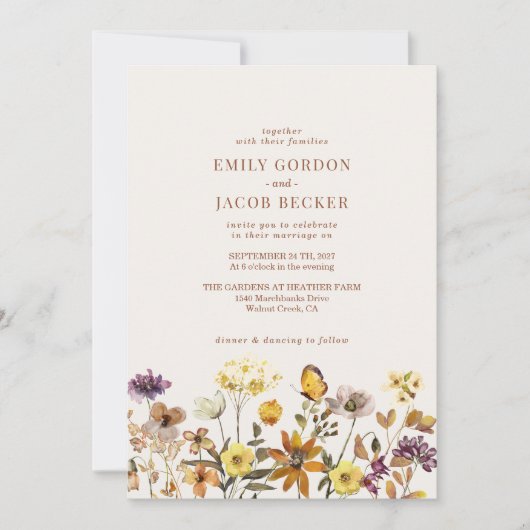 ワイルドフラワーお洒落アイボリークリームボホ結婚ズ 招待状 (正面)