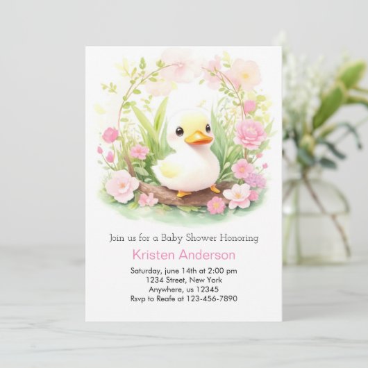 ワイルドフラワーお洒落アヒルの女の子の赤ちゃんシャワー 招待状 (スタンド正面)