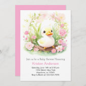 ワイルドフラワーお洒落アヒルの女の子の赤ちゃんシャワー 招待状 (正面/裏面)