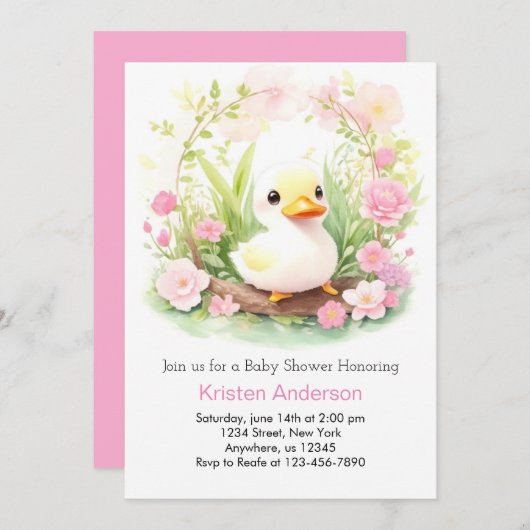 ワイルドフラワーお洒落アヒルの女の子の赤ちゃんシャワー 招待状 (正面/裏面)