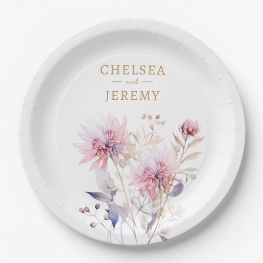 ワイルドフラワーお洒落ウォーター色のデザイン結婚ズ ペーパープレート (正面)