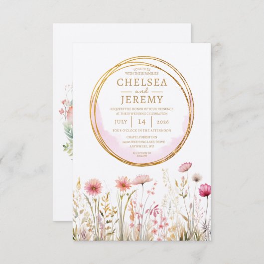 ワイルドフラワーお洒落ウォーター色のデザイン結婚ズ 招待状 (正面/裏面)