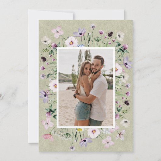 ワイルドフラワーお洒落ズグリーンクラフト写真結婚(Wildflowers green kraft p 招待状 (裏面)