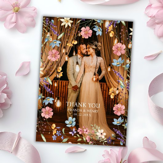 ワイルドフラワーお洒落ズ写真庭園の結婚式 サンキューカード