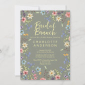 ワイルドフラワーお洒落セージ緑ブライダルシャワー 招待状 (正面)