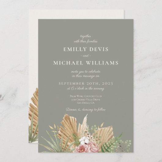 ワイルドフラワーお洒落セージ緑結婚式招待状 招待状 (正面/裏面)