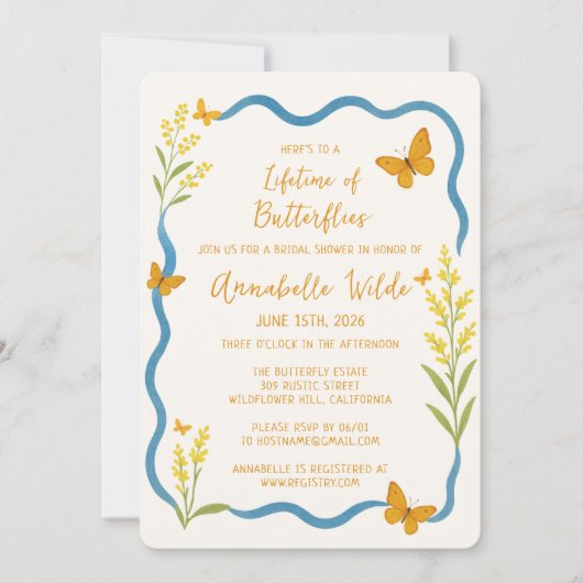 ワイルドフラワーお洒落バタフライシックブライダルシャワー 招待状 (正面)