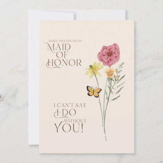 ワイルドフラワーお洒落バタフライメイド・オブ・オーナー(花嫁付き添い人) 招待状 (正面)