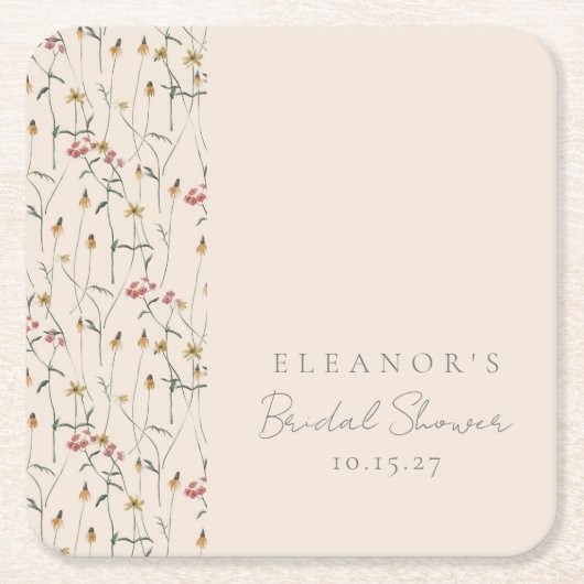 ワイルドフラワーお洒落フローラカスタムブライダルシャワー スクエアペーパーコースター (正面)