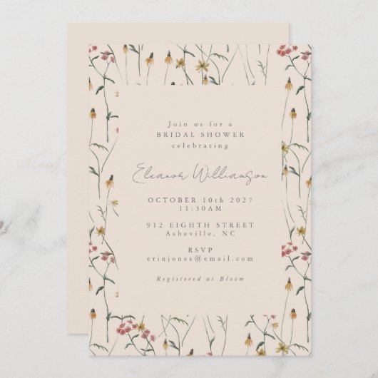 ワイルドフラワーお洒落フローラボホブライダルシャワー 招待状 (正面/裏面)