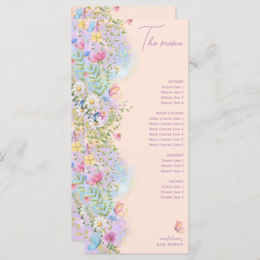 ワイルドフラワーお洒落フローラ庭園の結婚式シャワー メニュー (正面/裏面)