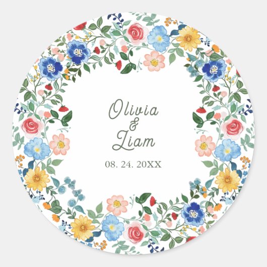 ワイルドフラワーお洒落フローラ庭園の結婚式 ラウンドシール (正面)