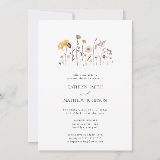 ワイルドフラワーお洒落ボホのリハ結婚ーサルディナー 招待状 (正面)