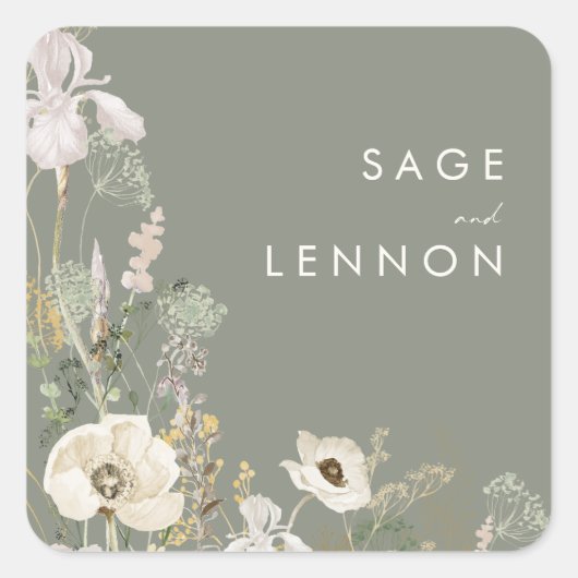 ワイルドフラワーお洒落メドウセージ緑の封筒 スクエアシール (正面)