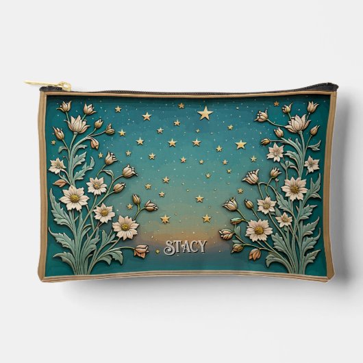 ワイルドフラワーお洒落夕べティール（緑がかった色）プリズムモノグラム アクセサリーポーチ (正面)