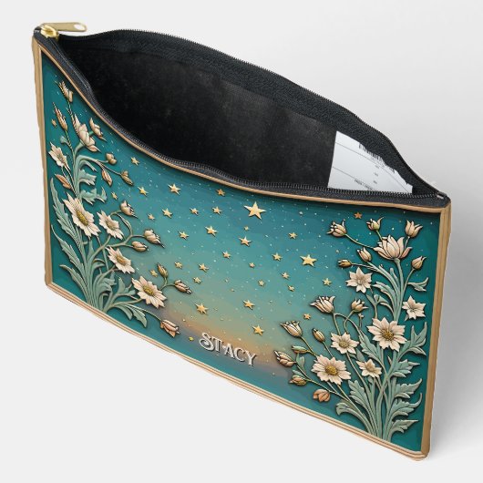 ワイルドフラワーお洒落夕べティール(緑がかった色)プリズム大 アクセサリーポーチ (見開き)