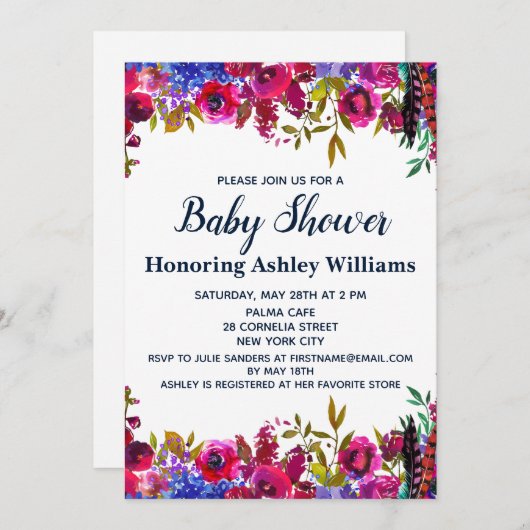 ワイルドフラワーお洒落赤ちゃんシャワー植物白 招待状 (正面/裏面)