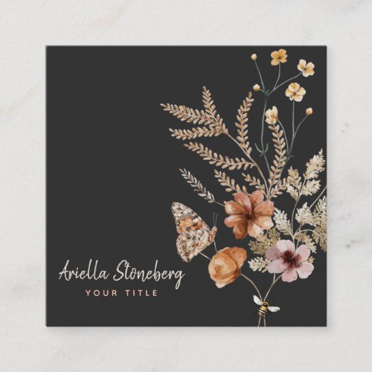 ワイルドフラワーお洒落開花 |黒のフローラ スクエア名刺 (正面)