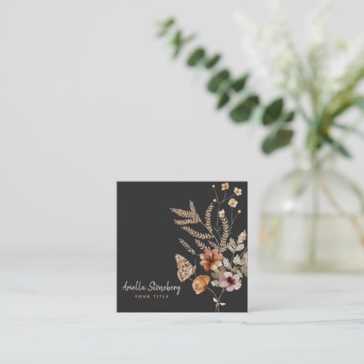 ワイルドフラワーお洒落開花 |黒のフローラ スクエア名刺 (スタンド正面)