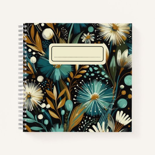 ワイルドフラワーお洒落-ティール（緑がかった色）開花、ゴールデンアクセント ノートブック (正面)