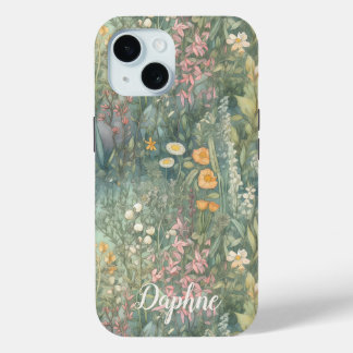 ワイルドフラワーかわいらしお洒落ガーデン名前をカスタムする iPhone 15ケース