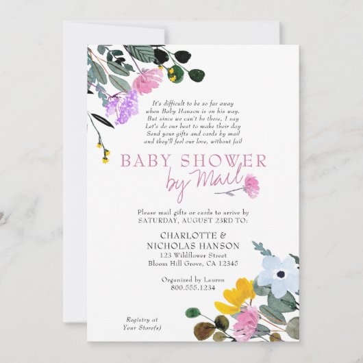ワイルドフラワーかわいらしの芝生の赤ちゃんシャワー郵便 招待状 (正面)