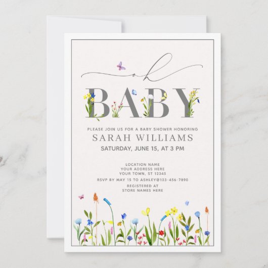ワイルドフラワーかわいらしオベビースクリプト女の子ベビーシャワー 招待状 (正面)