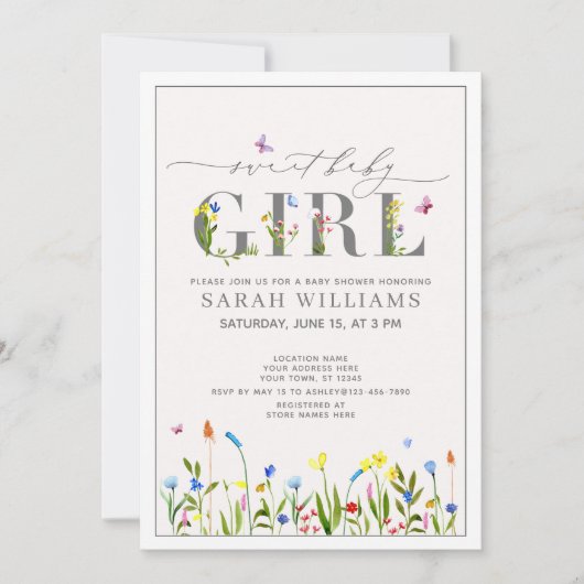 ワイルドフラワーかわいらしスウィートベビーガールスクリプトシャワー 招待状 (正面)